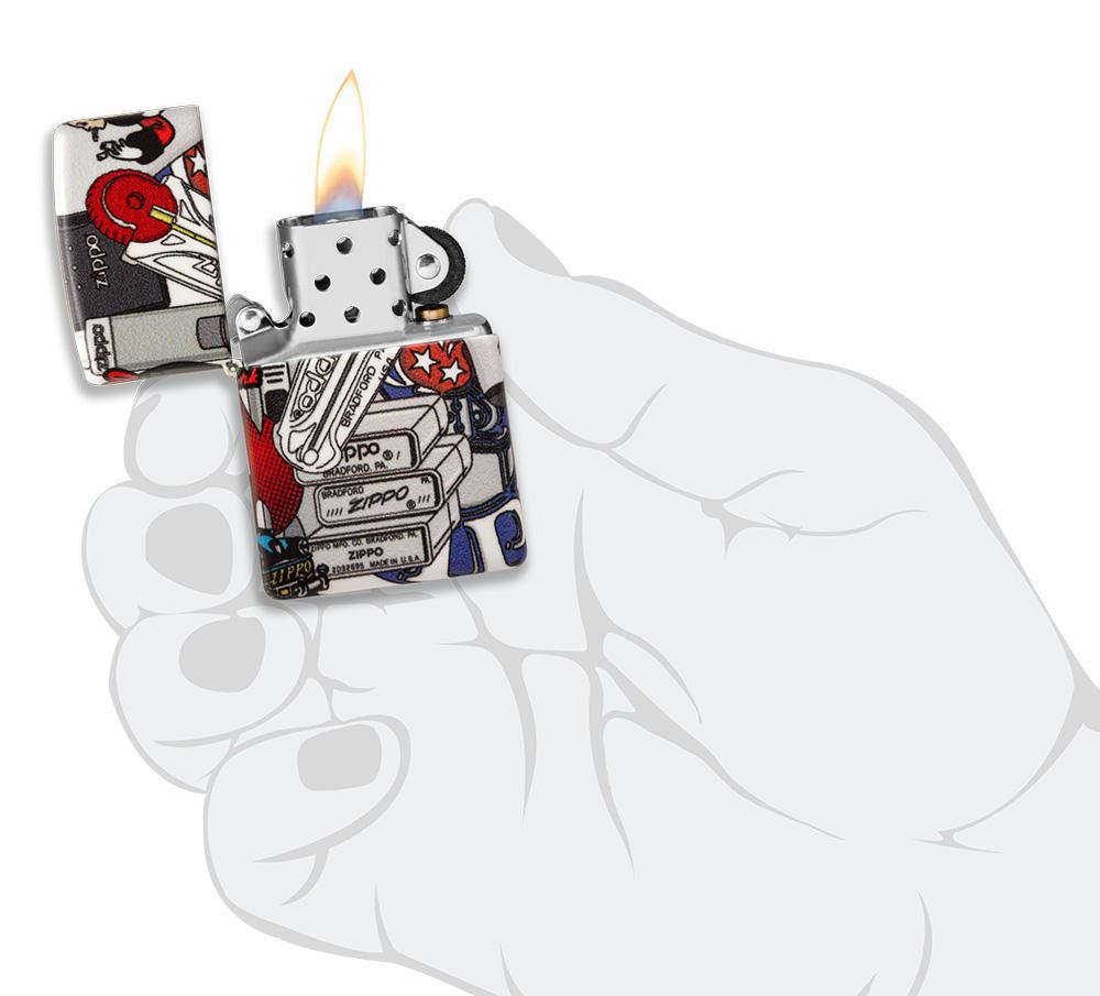 Frontansicht Zippo Feuerzeug Suchspiel mit Zippo Style geöffnet mit Flamme in stilisierter Hand