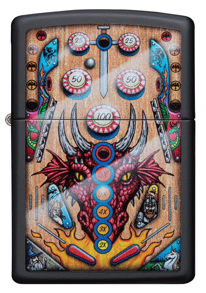 Vooraanzicht Zippo aansteker Pinball Flipper ontwerp met drakenkop