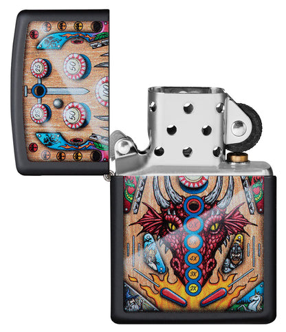 Zippo aansteker Pinball Flipper design met drakenkop open zonder vlam
