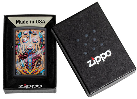 Zippo aansteker Pinball Flipper design met drakenkop in geopende geschenkverpakking