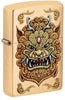 ¾ aanzicht van de winddichte aansteker Foo Dog Design, met daarop een keizerlijke gouden leeuw in de stijl van de Chinese kunst.