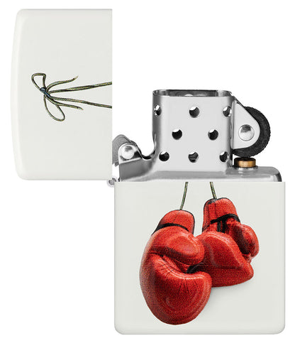 Zippo Aansteker wit met rode bokshandschoenen geopend zonder vlam
