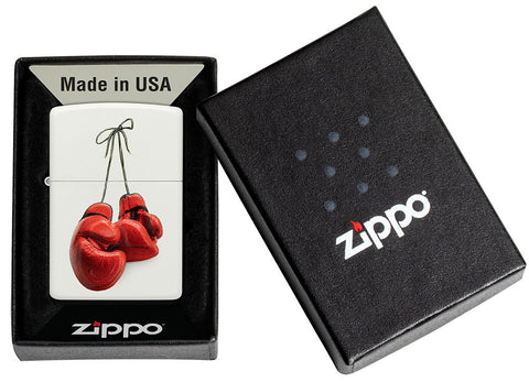 Zippo Aansteker wit met rode bokshandschoenen in zwarte geschenkverpakking