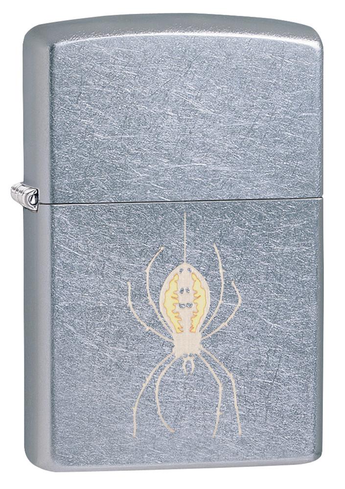 Vooraanzicht 3/4 hoek Zippo aansteker chroom met spin aan draad