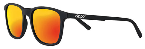 Zippo Zonnebril Vooraanzicht ¾ Hoek met Goudkleurige Lenzen En Smal Vierkant Montuur In Zwart Met Wit Zippo Logo