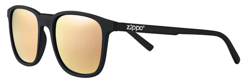 Zippo Zonnebril Vooraanzicht ¾ Hoek met Rose Goudkleurige Lenzen En Smal Vierkant Montuur In Zwart Met Wit Zippo Logo