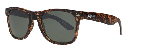 Zippo Zonnebril Vooraanzicht 3/4 Hoek Met Groene Lenzen En Marmeren Montuur En Zilverkleurig Zippo Logo