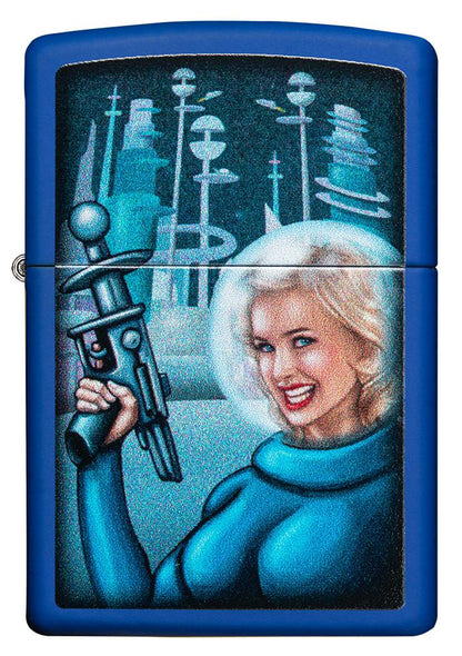 Vooraanzicht Zippo Aansteker Retro Futuristisch Koninklijk Blauw Pinup Vrouw met Ray Gun Web Debuut